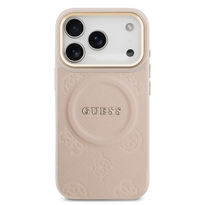 Apple iPhone 17 Pro Case Guess Original Licensed M-safe Charging Feature Hot Printed Text Logo PU Leather Peony Cover - 7