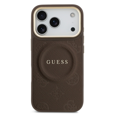 Apple iPhone 17 Pro Case Guess Original Licensed M-safe Charging Feature Hot Printed Text Logo PU Leather Peony Cover - 13