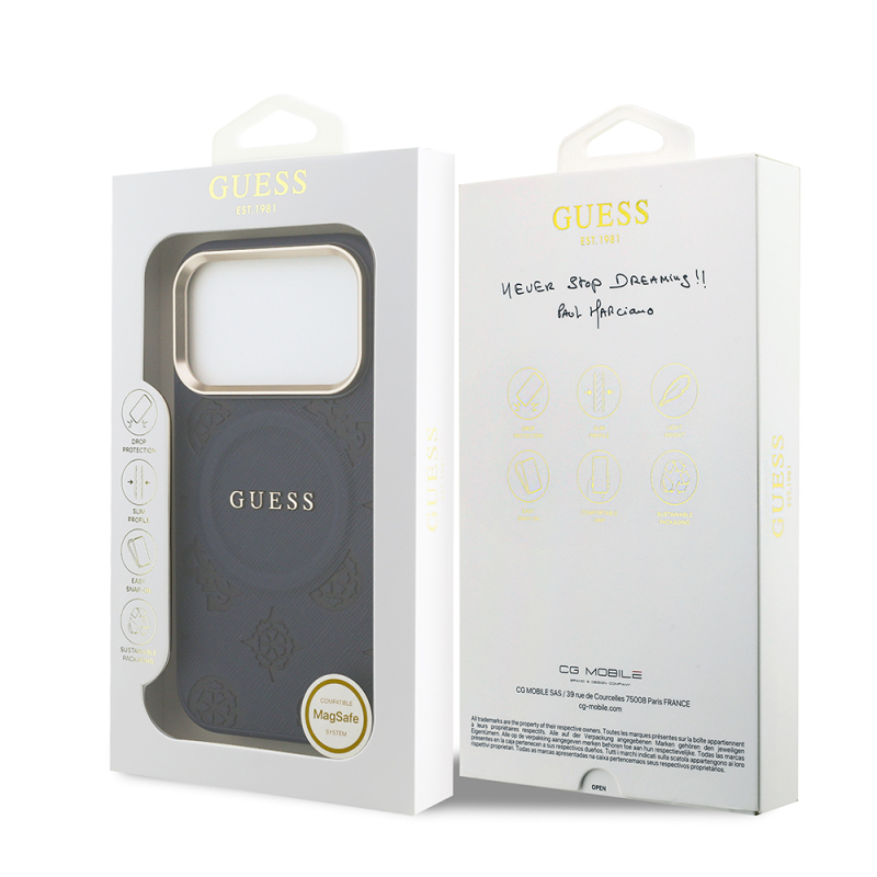 Apple iPhone 17 Pro Case Guess Original Licensed M-safe Charging Feature Hot Printed Text Logo PU Leather Peony Cover - 41