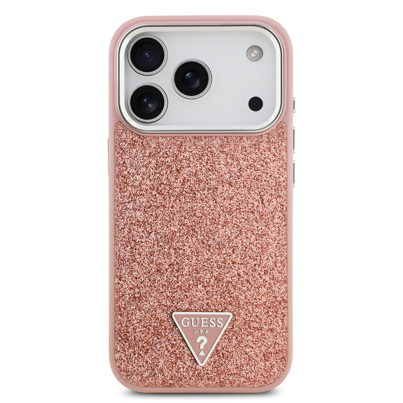 Apple iPhone 17 Pro Case Guess Original Licensed M-Safe Charging Feature Metal Camera Frame Triangle Logo Glitter Cover - 7