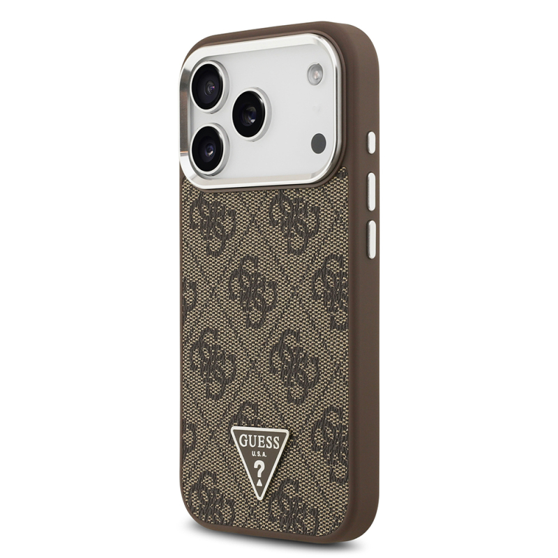 Apple iPhone 17 Pro Case Guess Original Licensed M-safe Charging Feature Silver Metal Camera Frame Triangle Logo 4G Patterned Cover - 4