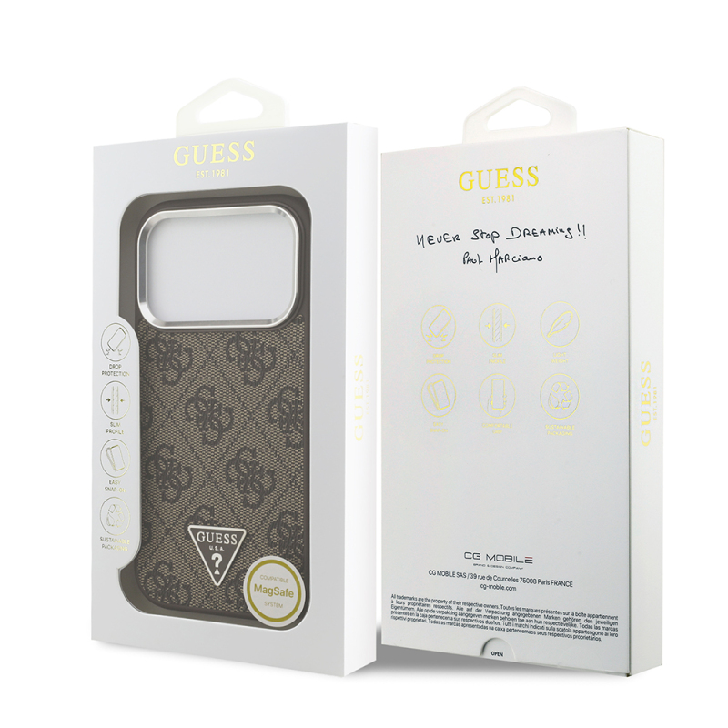 Apple iPhone 17 Pro Case Guess Original Licensed M-safe Charging Feature Silver Metal Camera Frame Triangle Logo 4G Patterned Cover - 16