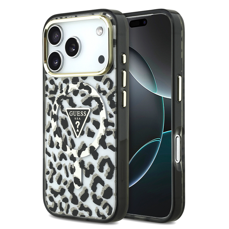 Apple iPhone 17 Pro Case Guess Original Licensed M-Safe Charging Feature Triangle Logo Glitter Leopard Pattern Cover - 1