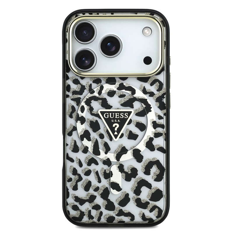 Apple iPhone 17 Pro Case Guess Original Licensed M-Safe Charging Feature Triangle Logo Glitter Leopard Pattern Cover - 5