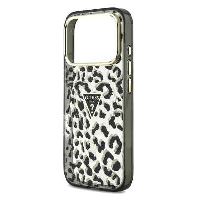 Apple iPhone 17 Pro Case Guess Original Licensed M-Safe Charging Feature Triangle Logo Glitter Leopard Pattern Cover - 8