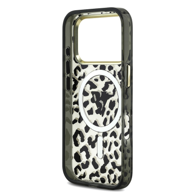 Apple iPhone 17 Pro Case Guess Original Licensed M-Safe Charging Feature Triangle Logo Glitter Leopard Pattern Cover - 9