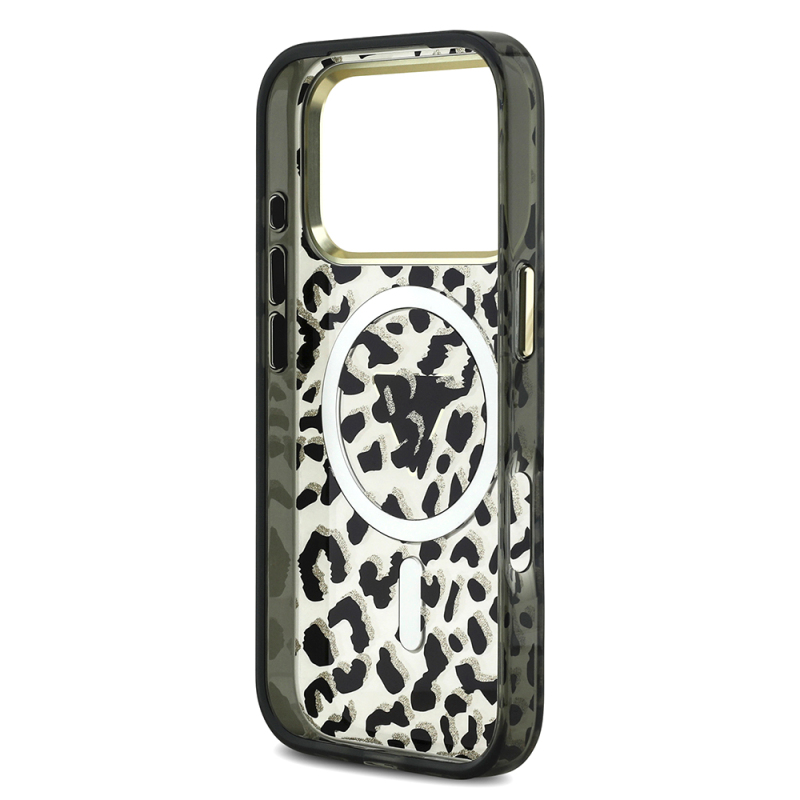 Apple iPhone 17 Pro Case Guess Original Licensed M-Safe Charging Feature Triangle Logo Glitter Leopard Pattern Cover - 9