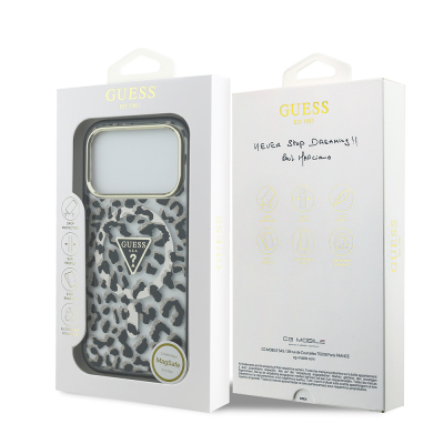 Apple iPhone 17 Pro Case Guess Original Licensed M-Safe Charging Feature Triangle Logo Glitter Leopard Pattern Cover - 16