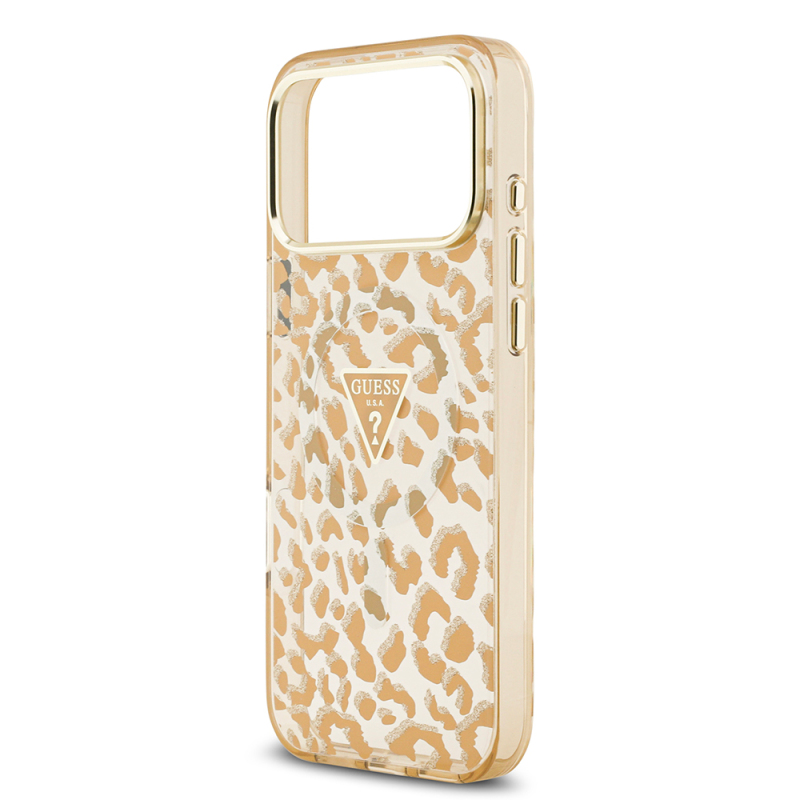 Apple iPhone 17 Pro Case Guess Original Licensed M-Safe Charging Feature Triangle Logo Glitter Leopard Pattern Cover - 14