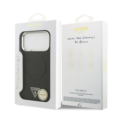 Apple iPhone 17 Pro Case Guess Original Licensed M-safe Charging Function PU Leather Metal Camera Frame Triangle Logo Cover - 9