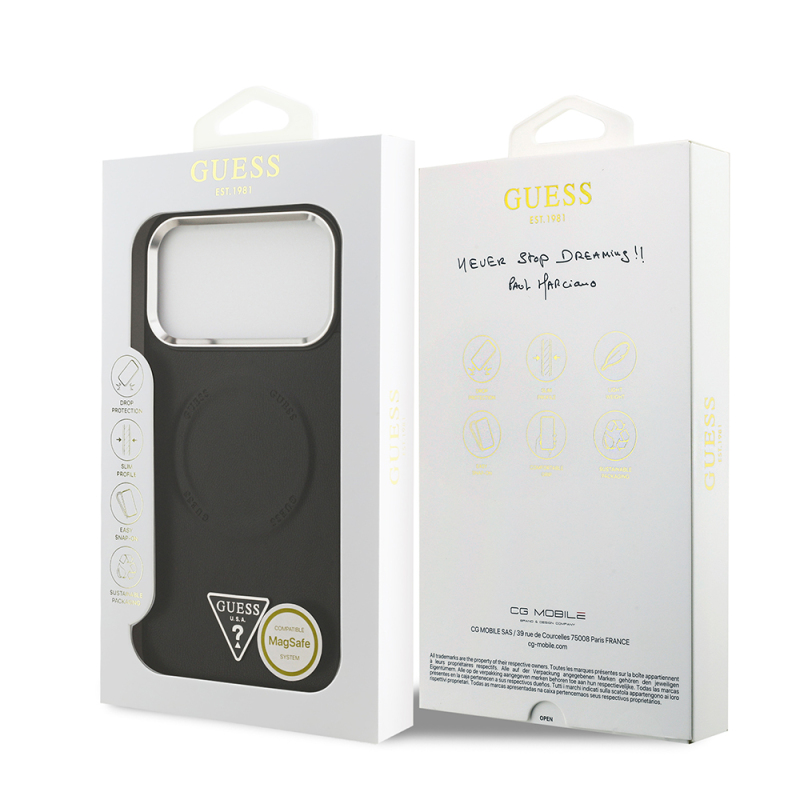 Apple iPhone 17 Pro Case Guess Original Licensed M-safe Charging Function PU Leather Metal Camera Frame Triangle Logo Cover - 9