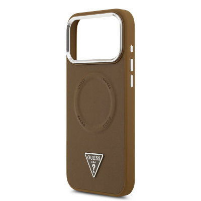 Apple iPhone 17 Pro Case Guess Original Licensed M-safe Charging Function PU Leather Metal Camera Frame Triangle Logo Cover - 15