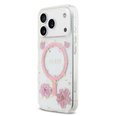 Apple iPhone 17 Pro Case Guess Original Licensed M-safe Charging Transparent Resin Flowers Cover - 4