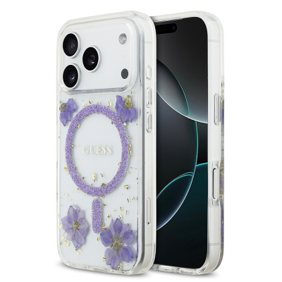 Apple iPhone 17 Pro Case Guess Original Licensed M-safe Charging Transparent Resin Flowers Cover - 3