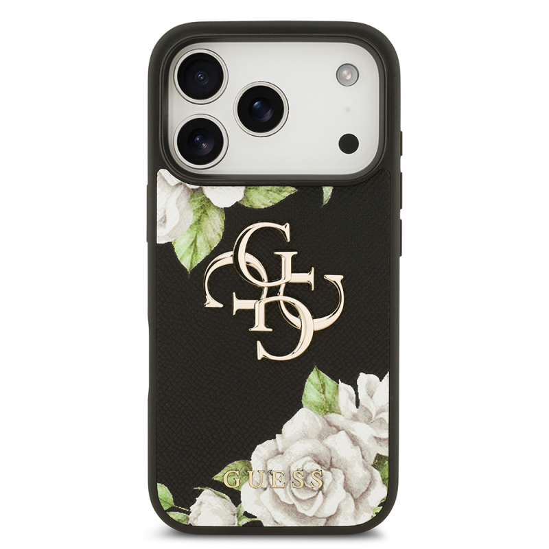 Apple iPhone 17 Pro Case Guess Original Licensed Rose Printed Large Metal Logo Design Cover - 4