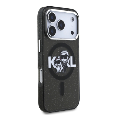 Apple iPhone 17 Pro Case Karl Lagerfeld Original Licensed Shining Glitter Karl & Choupette Sketch Logo Cover - 5