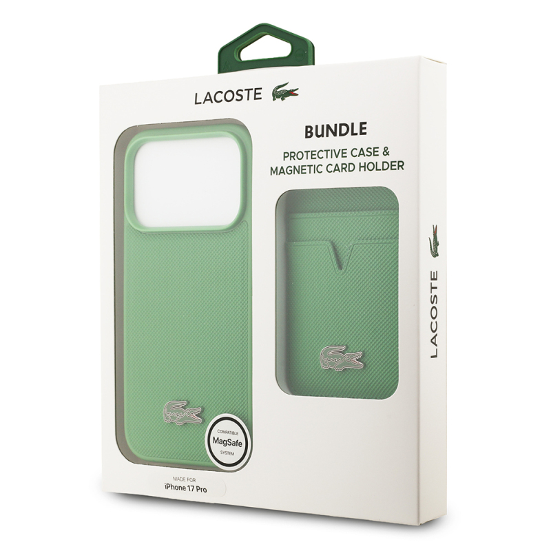 Apple iPhone 17 Pro Case Lacoste Original Licensed M-Safe Charging Feature PU Pique Pattern Metal Logo Card Holder Cover - 42