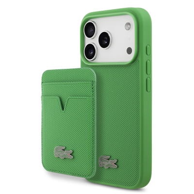 Apple iPhone 17 Pro Case Lacoste Original Licensed M-Safe Charging Feature PU Pique Pattern Metal Logo Card Holder Cover - 2
