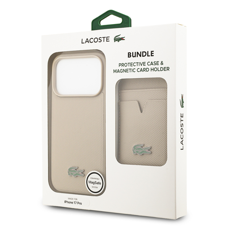 Apple iPhone 17 Pro Case Lacoste Original Licensed M-Safe Charging Feature PU Pique Pattern Metal Logo Card Holder Cover - 45
