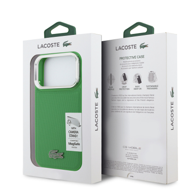 Apple iPhone 17 Pro Case Lacoste Original Licensed M-safe Charging Feature PU Pique Pattern Stand Metal Logo Cover - 19