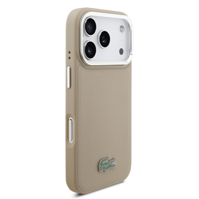 Apple iPhone 17 Pro Case Lacoste Original Licensed M-safe Charging Feature PU Pique Pattern Stand Metal Logo Cover - 29