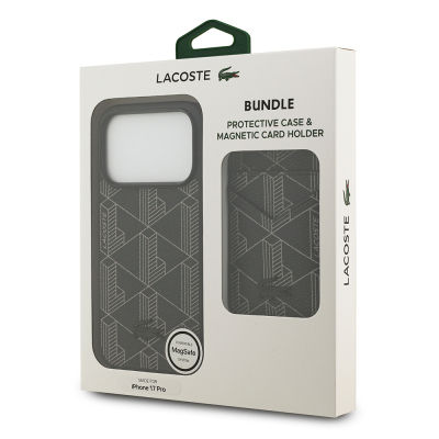 Apple iPhone 17 Pro Case Lacoste Original Licensed M-Safe Charging Function PU Leather Design Card Holder Mixed Monogram Pattern Cover - 23