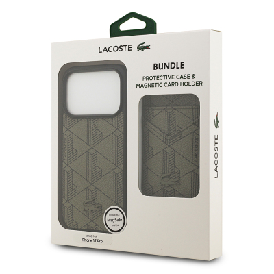 Apple iPhone 17 Pro Case Lacoste Original Licensed M-Safe Charging Function PU Leather Design Card Holder Mixed Monogram Pattern Cover - 24