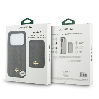 Apple iPhone 17 Pro Case Lacoste Original Licensed M-Safe Charging Function PU Leather Design Card Holder Mixed Monogram Pattern Cover - 34