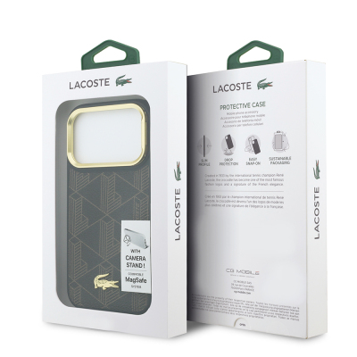 Apple iPhone 17 Pro Case Lacoste Original Licensed M-safe Charging Stand PU Leather Mixed Monogram Pattern Cover - 25