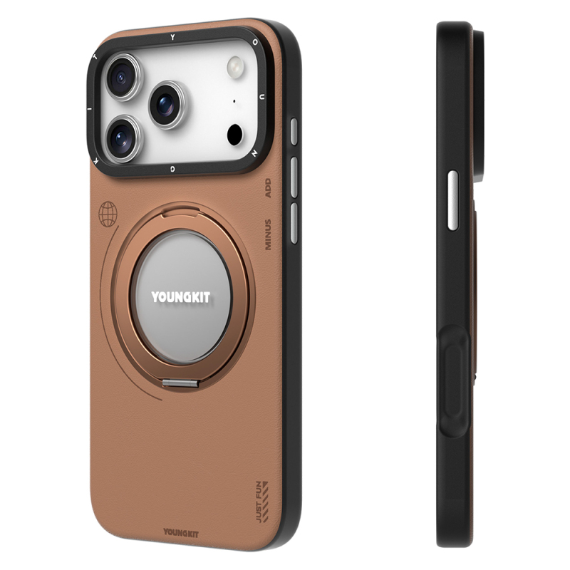 Apple iPhone 17 Pro Case with M-safe Charging Function, 360 Degree Stand, Simple Matte Leather Pattern, Youngkit Tech Leather Series Cover - 9