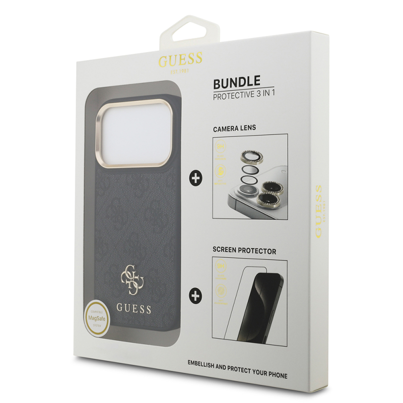 Apple iPhone 17 Pro Guess Original Licensed 4G and Text Logo Case + Screen Protector + Lens Protector 3-in-1 Accessory Set - 1