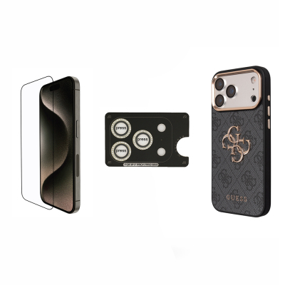 Apple iPhone 17 Pro Guess Orjinal Lisanslı Büyük 4G ve Yazı Logolu Kılıf + Ekran Koruyucu + Lens Koruyucu 3in1 Aksesuar Seti - 1