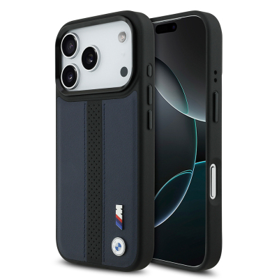 Apple iPhone 17 Pro Kılıf BMW Orjinal Lisanslı M-safe Şarj Özellikli Deri Arka Yüzey Metal Logolu Delikli Şerit Tasarımlı Kapak - 3