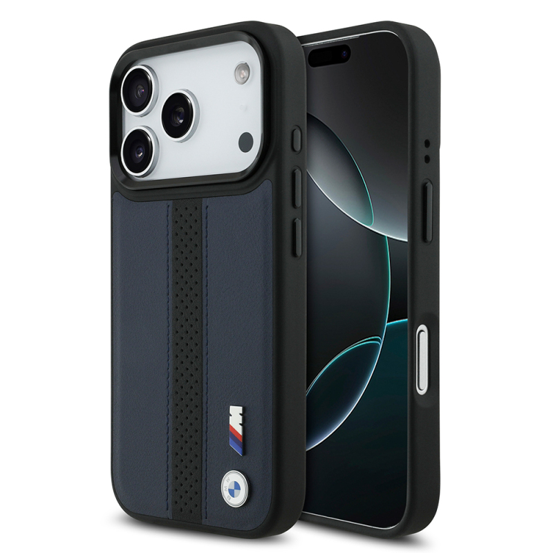 Apple iPhone 17 Pro Kılıf BMW Orjinal Lisanslı M-safe Şarj Özellikli Deri Arka Yüzey Metal Logolu Delikli Şerit Tasarımlı Kapak - 3