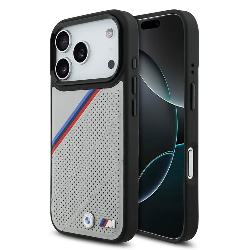 Apple iPhone 17 Pro Kılıf BMW Orjinal Lisanslı M-safe Şarj Özellikli M Logolu Üç Şeritli Delikli Deri Kapak - 1