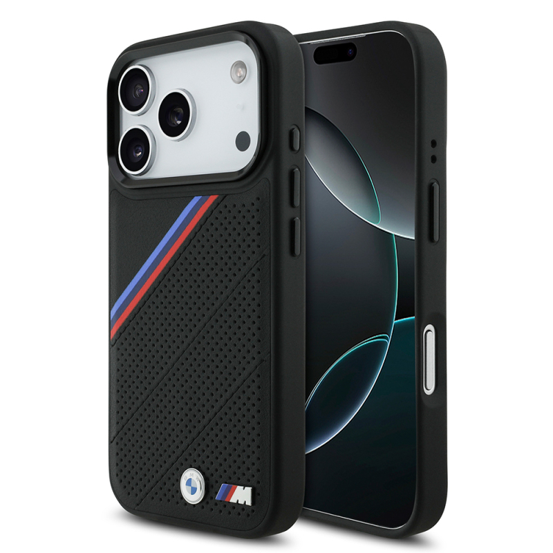 Apple iPhone 17 Pro Kılıf BMW Orjinal Lisanslı M-safe Şarj Özellikli M Logolu Üç Şeritli Delikli Deri Kapak - 3