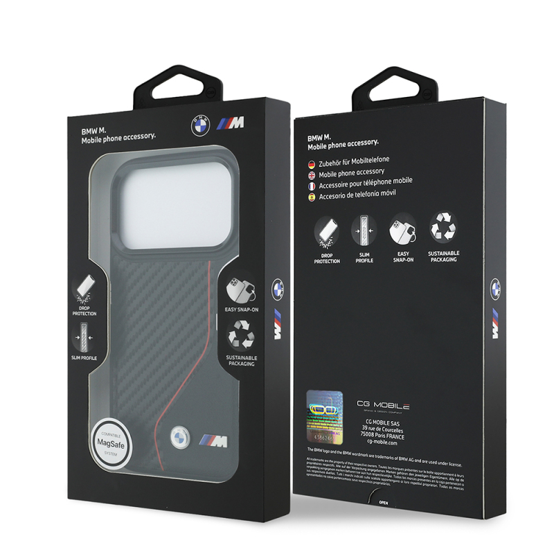 Apple iPhone 17 Pro Kılıf BMW Orjinal Lisanslı M-safe Şarj Özellikli Metal BMW ve M Logolu PU Karbon Tasarımlı Kapak - 9
