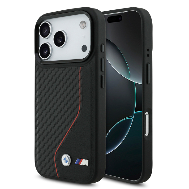 Apple iPhone 17 Pro Kılıf BMW Orjinal Lisanslı M-safe Şarj Özellikli Metal BMW ve M Logolu PU Karbon Tasarımlı Kapak - 1