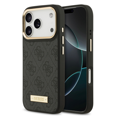 Apple iPhone 17 Pro Kılıf Guess Orjinal Lisanslı M-safe Şarj Özellikli 4G Desenli PU Metal Plaka Klasik Logolu Kapak - 1