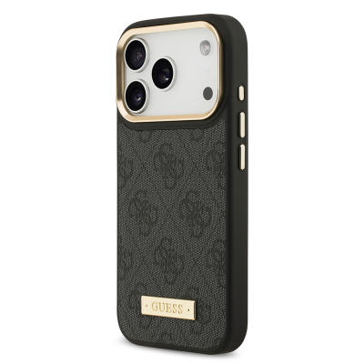 Apple iPhone 17 Pro Kılıf Guess Orjinal Lisanslı M-safe Şarj Özellikli 4G Desenli PU Metal Plaka Klasik Logolu Kapak - 5