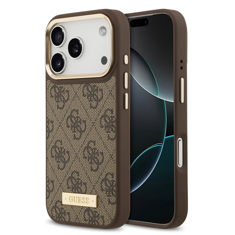 Apple iPhone 17 Pro Kılıf Guess Orjinal Lisanslı M-safe Şarj Özellikli 4G Desenli PU Metal Plaka Klasik Logolu Kapak - 3