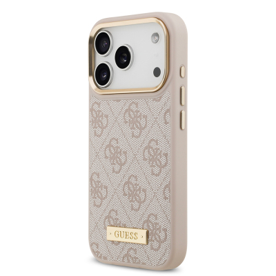 Apple iPhone 17 Pro Kılıf Guess Orjinal Lisanslı M-safe Şarj Özellikli 4G Desenli PU Metal Plaka Klasik Logolu Kapak - 17