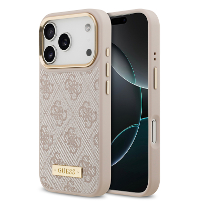 Apple iPhone 17 Pro Kılıf Guess Orjinal Lisanslı M-safe Şarj Özellikli 4G Desenli PU Metal Plaka Klasik Logolu Kapak - 4