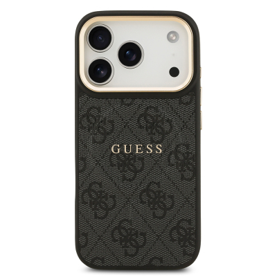 Apple iPhone 17 Pro Kılıf Guess Orjinal Lisanslı M-safe Şarj Özellikli Gold Metal Kamera Çerçeveli PU Deri 4G Desenli Yazı Logolu Kapak - 4