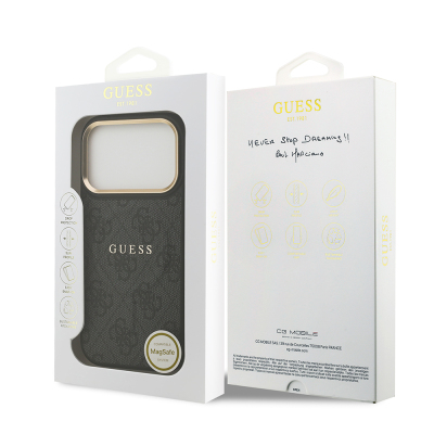 Apple iPhone 17 Pro Kılıf Guess Orjinal Lisanslı M-safe Şarj Özellikli Gold Metal Kamera Çerçeveli PU Deri 4G Desenli Yazı Logolu Kapak - 16