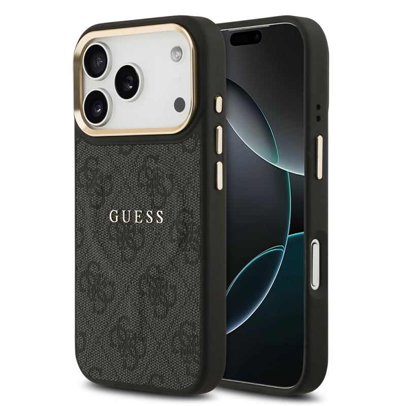 Apple iPhone 17 Pro Kılıf Guess Orjinal Lisanslı M-safe Şarj Özellikli Gold Metal Kamera Çerçeveli PU Deri 4G Desenli Yazı Logolu Kapak - 1