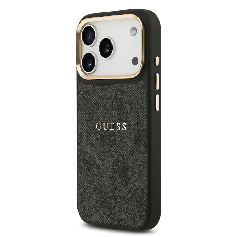 Apple iPhone 17 Pro Kılıf Guess Orjinal Lisanslı M-safe Şarj Özellikli Gold Metal Kamera Çerçeveli PU Deri 4G Desenli Yazı Logolu Kapak - 9