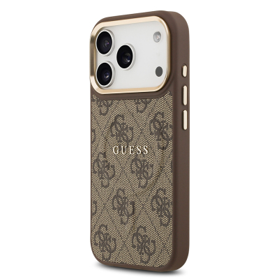 Apple iPhone 17 Pro Kılıf Guess Orjinal Lisanslı M-safe Şarj Özellikli Gold Metal Kamera Çerçeveli PU Deri 4G Desenli Yazı Logolu Kapak - 10