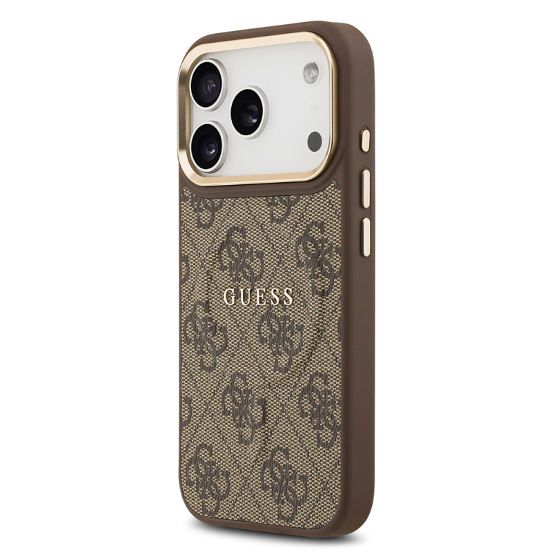 Apple iPhone 17 Pro Kılıf Guess Orjinal Lisanslı M-safe Şarj Özellikli Gold Metal Kamera Çerçeveli PU Deri 4G Desenli Yazı Logolu Kapak - 10