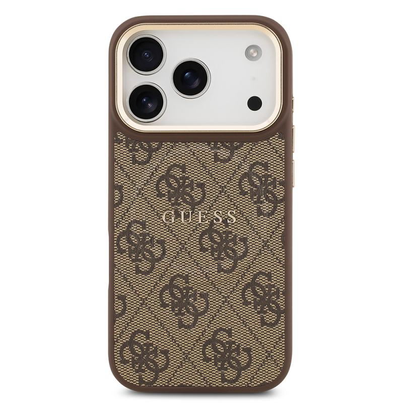 Apple iPhone 17 Pro Kılıf Guess Orjinal Lisanslı M-safe Şarj Özellikli Gold Metal Kamera Çerçeveli PU Deri 4G Desenli Yazı Logolu Kapak - 11